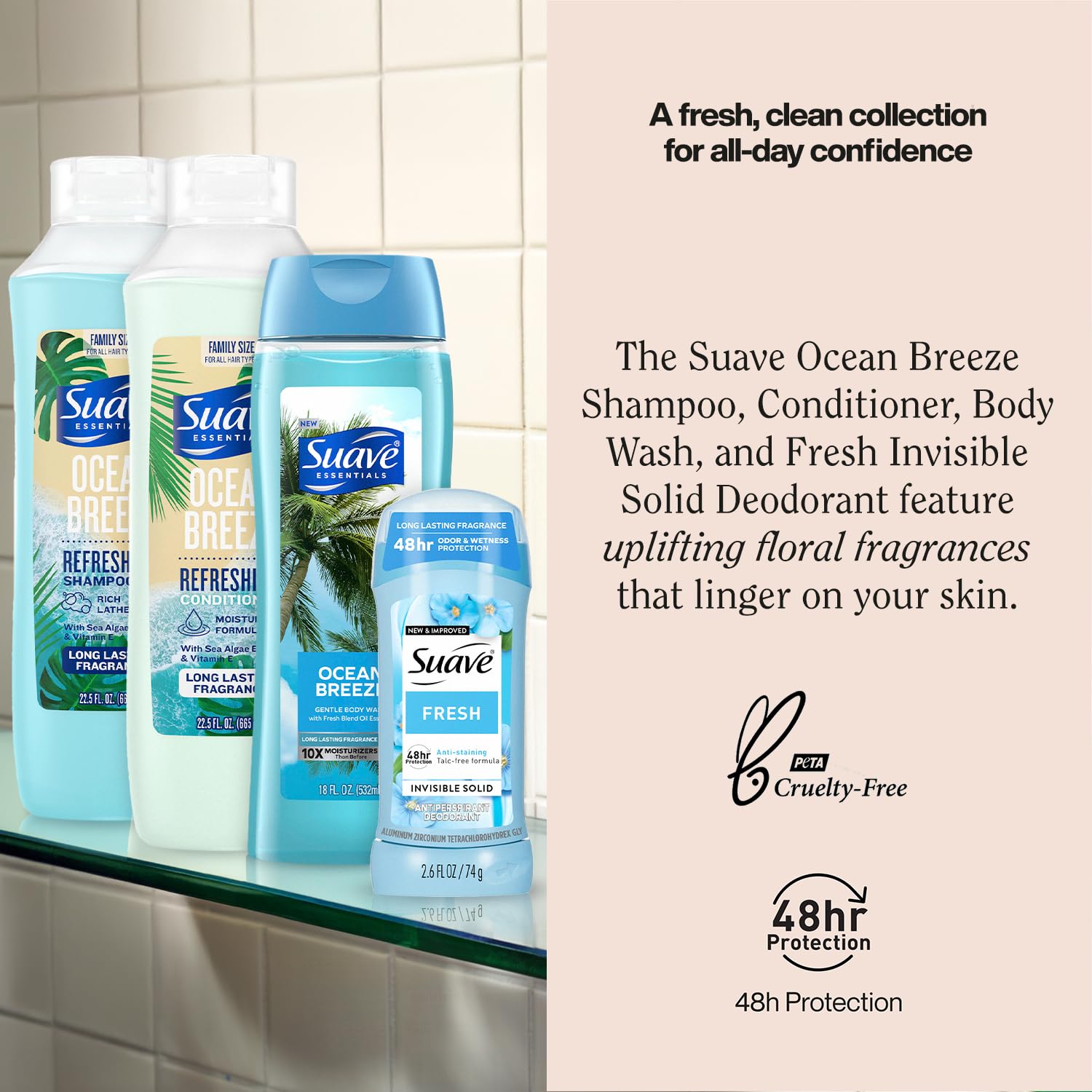 Suave Ocean Breeze shampoo bottle for smooth, moisturized hair with lasting fragrance.