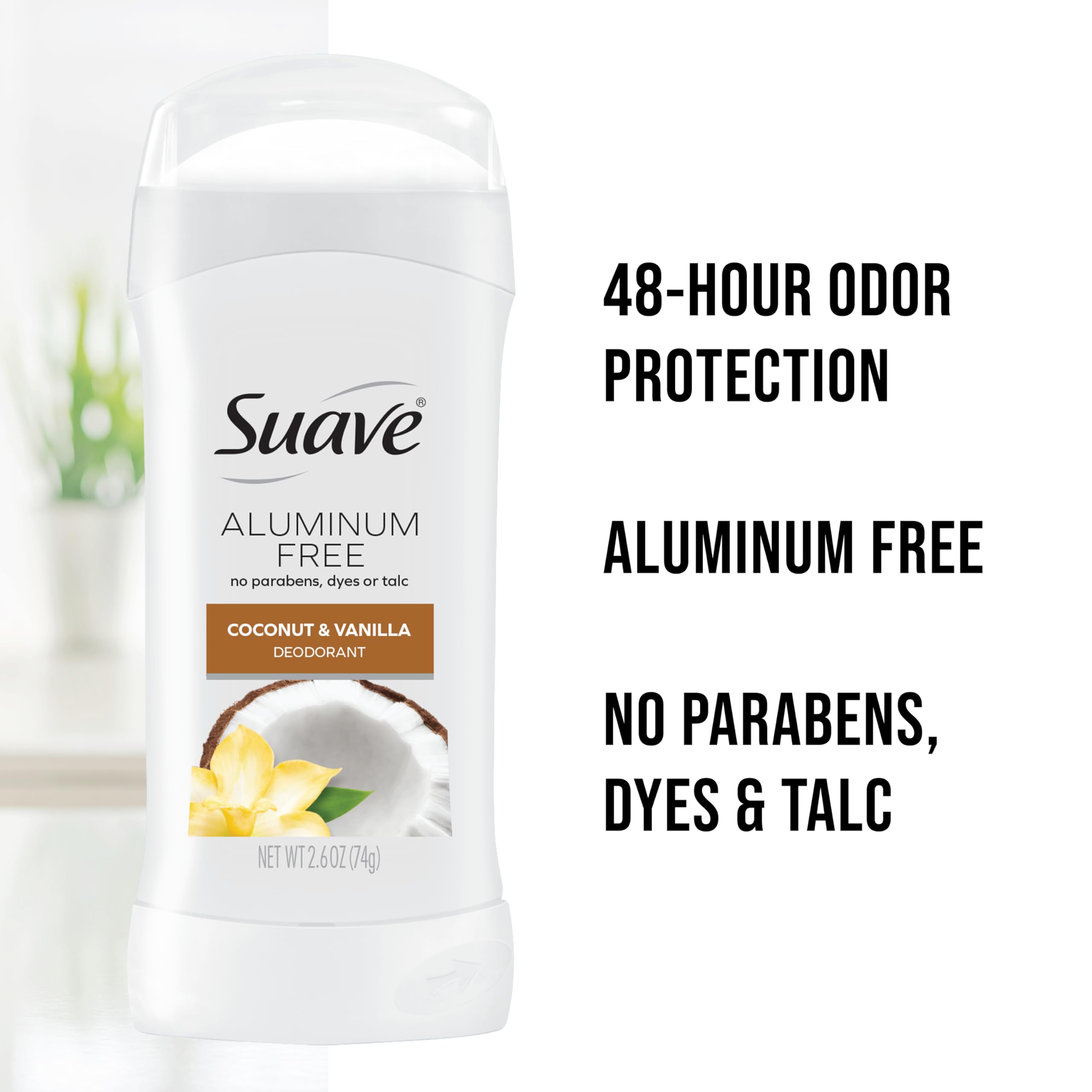 Badge highlighting parabens, dyes, and talc-free formula on packaging.