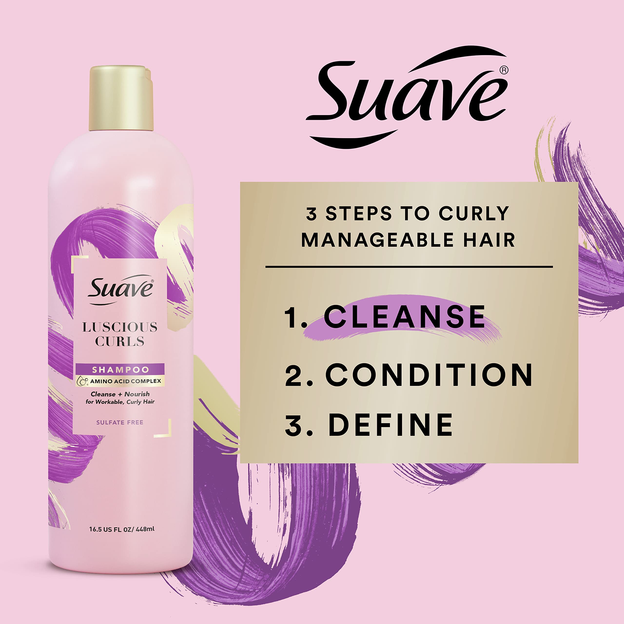 Sulfate-free formula label on Suave Pink Luscious Curls Shampoo.