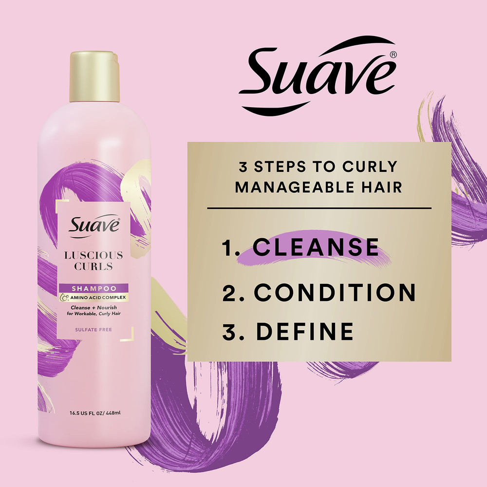 Sulfate-free formula label on Suave Pink Luscious Curls Shampoo.