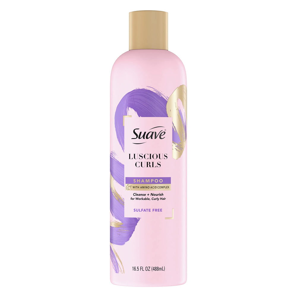 Suave Pink Luscious Curls Shampoo bottle highlighting amino acid complex for smoother, easier-to-manage curls.