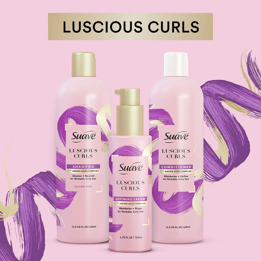 Suave Pink Luscious Curls Shampoo enhances curl manageability for everyday styling.
