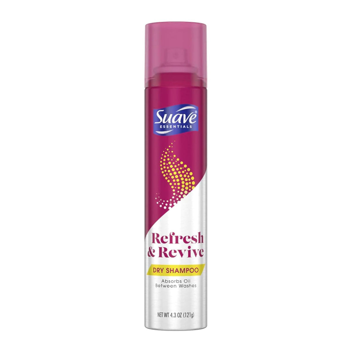 Suave Professionals Refresh & Revive dry shampoo bottle highlights oil absorption for between-wash freshness.