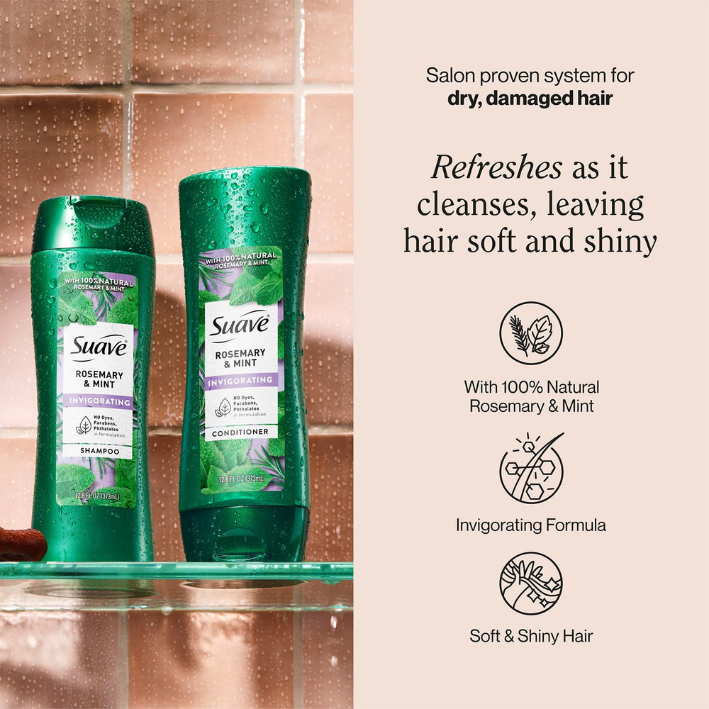 Suave rosemary & mint conditioner bottle for smooth detangling and manageability.
