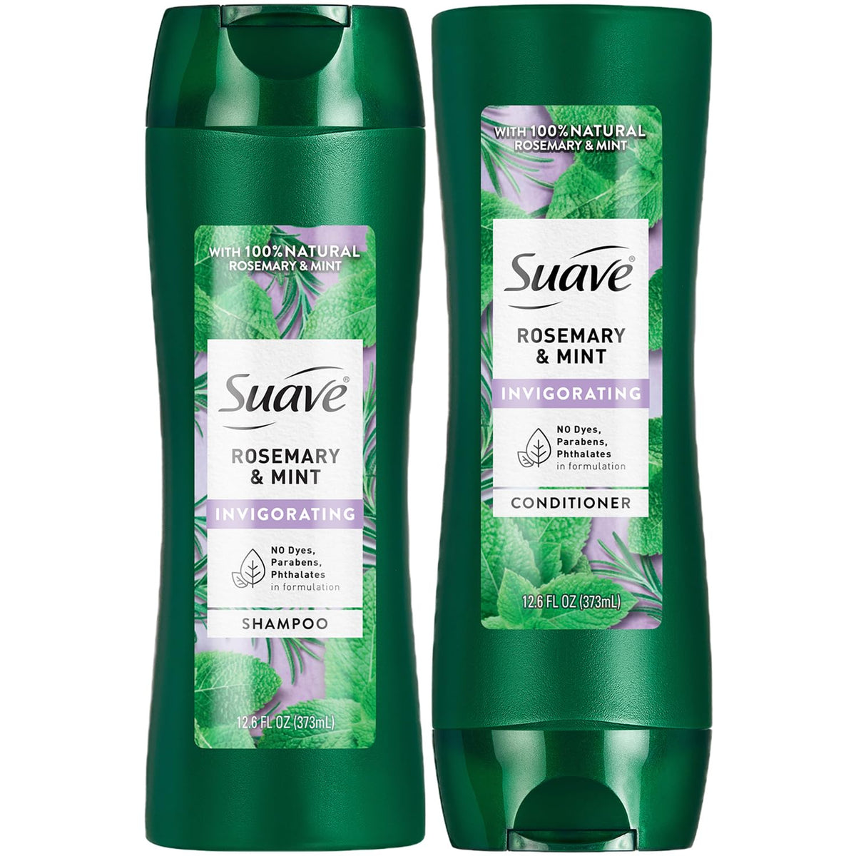 Suave rosemary & mint shampoo bottle with invigorating fragrance for daily wash.