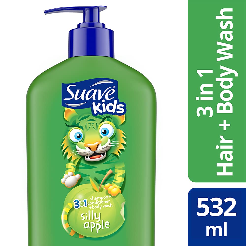 Suave Silly Apple 3-in-1 label close-up highlights convenient all-in-one formula.