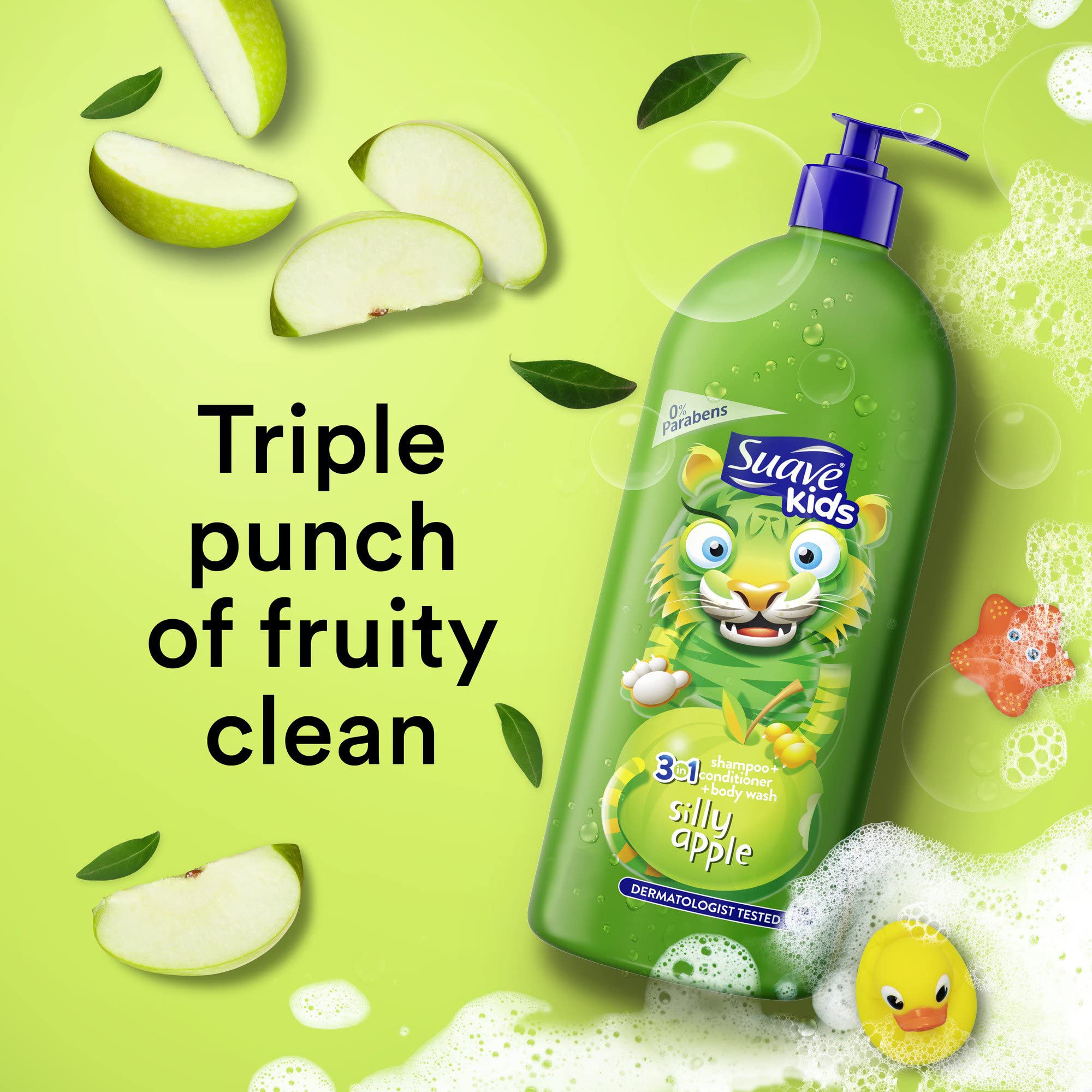 Suave Silly Apple 3-in-1 packaging box displayed for everyday bath.