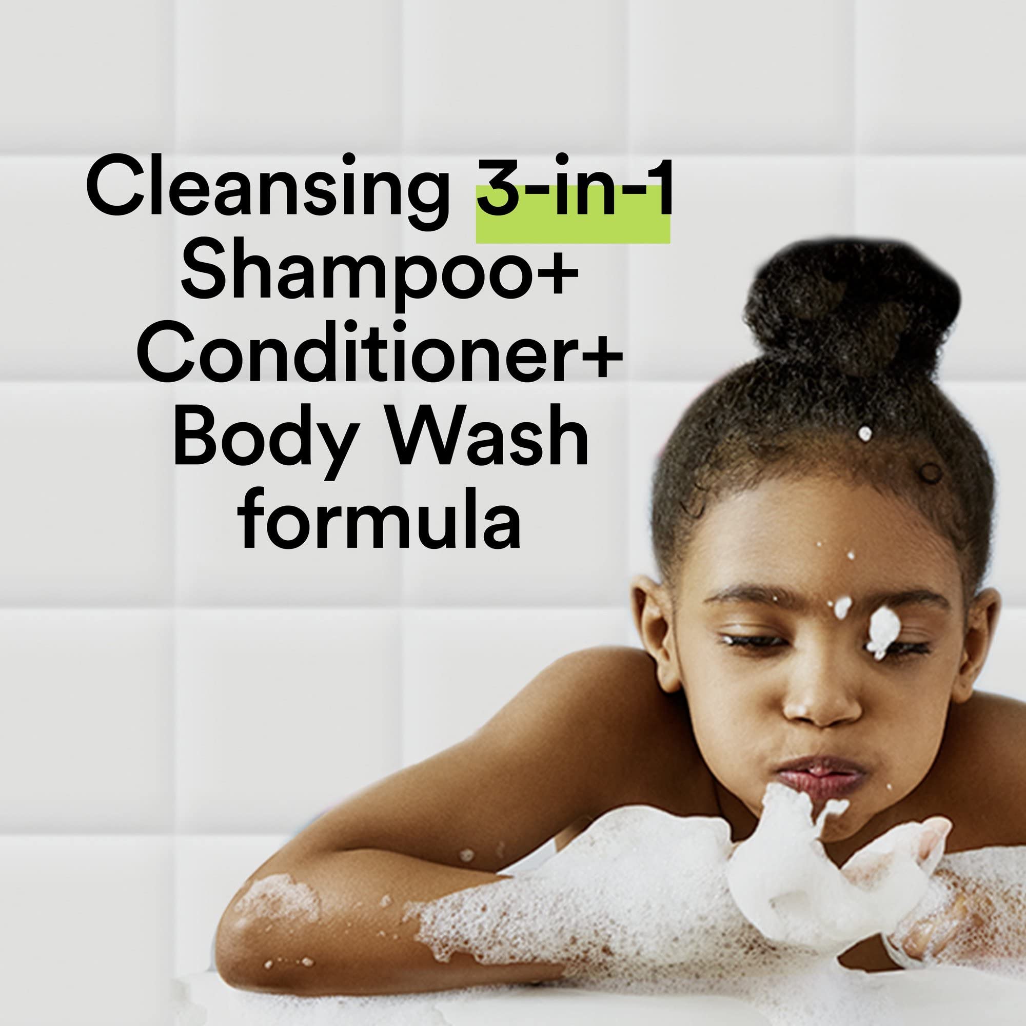 Suave Silly Apple 3-in-1 rinse action shows gentle washing for quick cleansing.