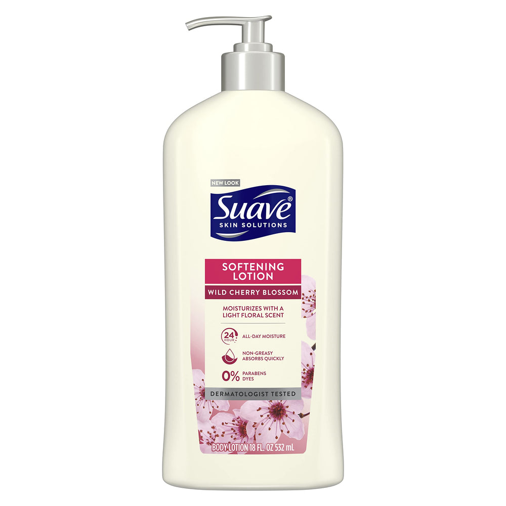 Suave Skin Lotion Wild Cherry Blossom bottle front shows the softening formula for smooth skin