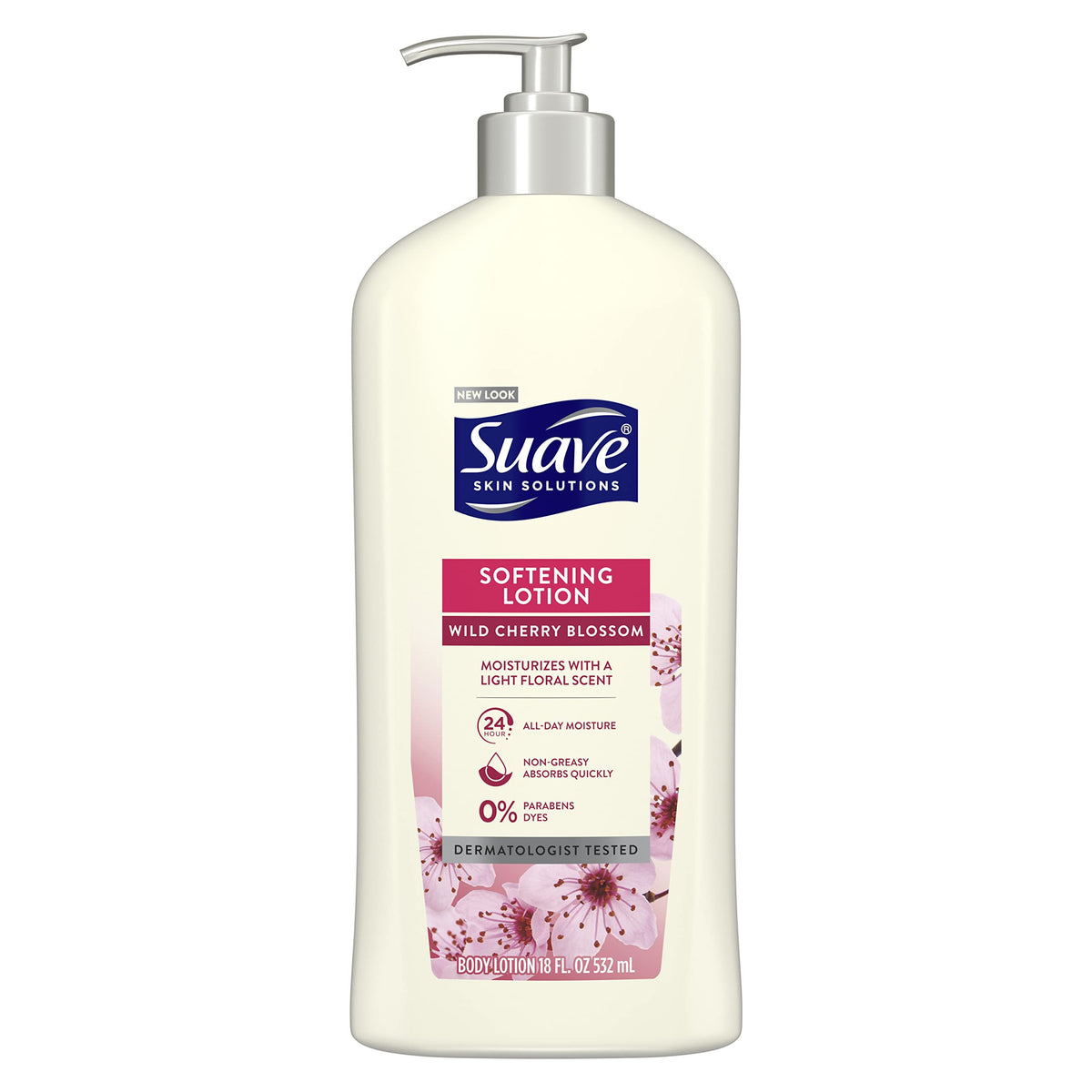 Suave Skin Lotion Wild Cherry Blossom bottle front shows the softening formula for smooth skin