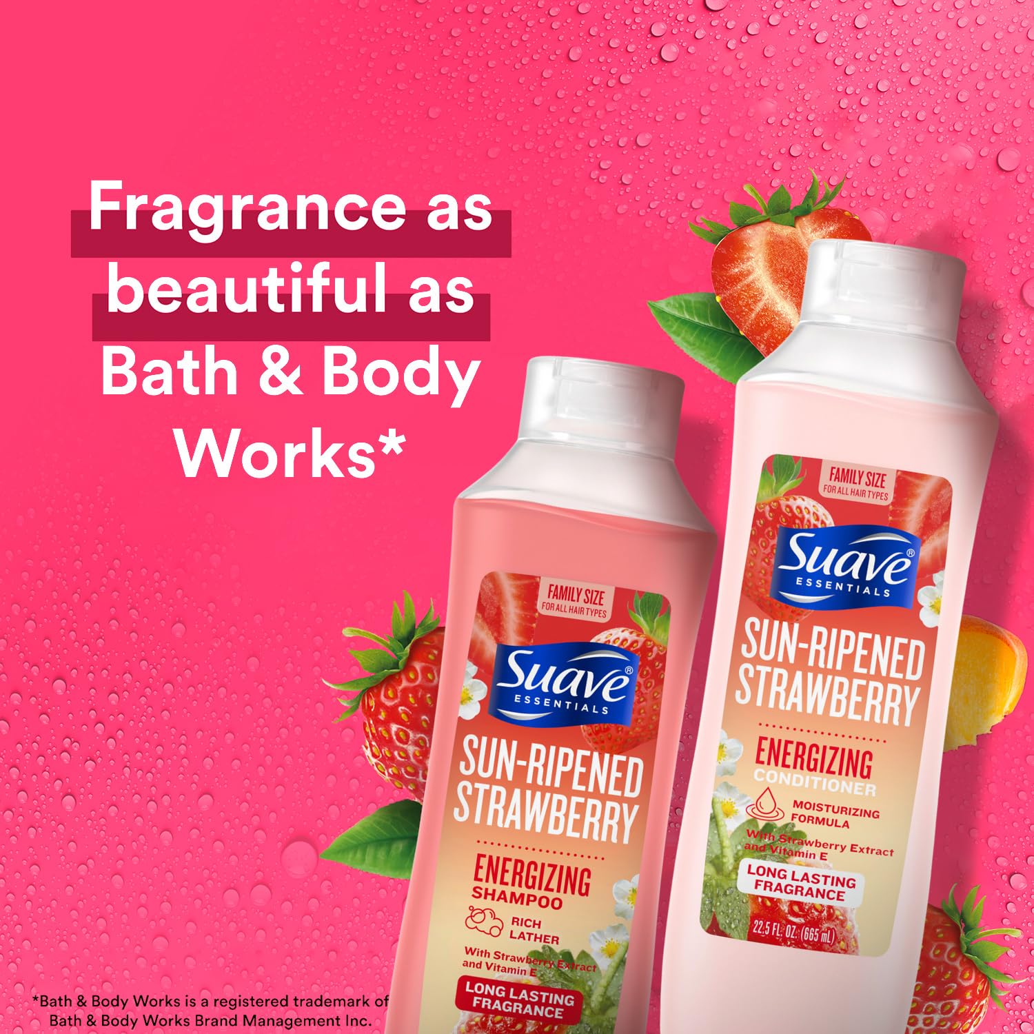 Suave Sun-Ripened Strawberry conditioner bottle offers soft, manageable hair after use.