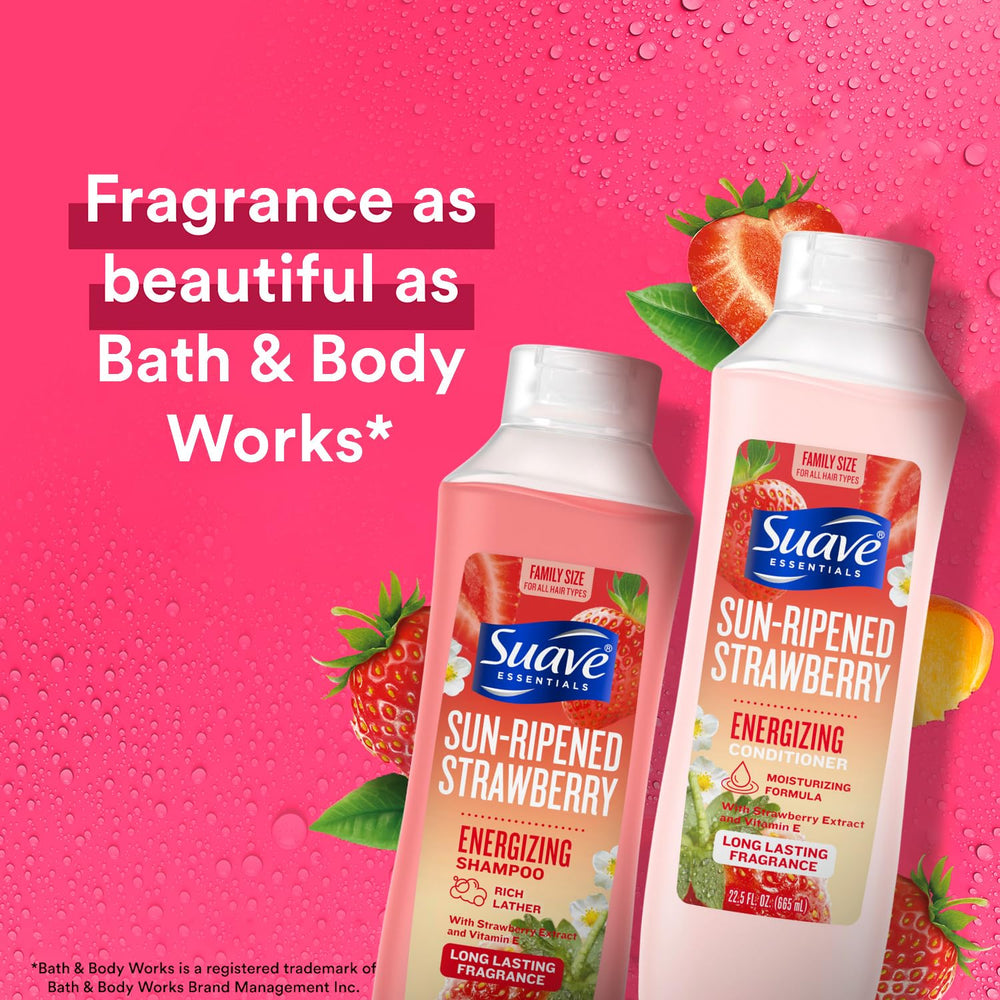 Suave Sun-Ripened Strawberry conditioner bottle offers soft, manageable hair after use.