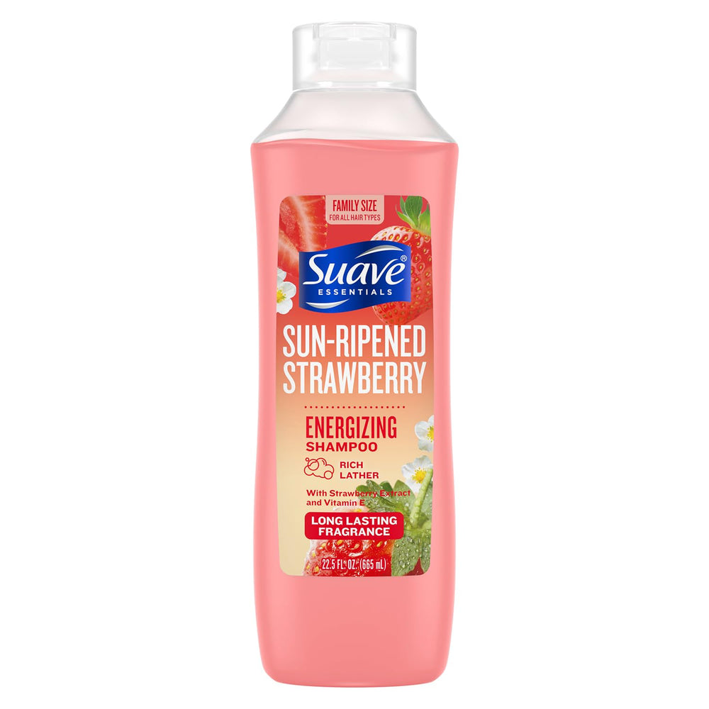 Suave Sun-Ripened Strawberry Shampoo bottle for a refreshing cleanse with vitamin E.