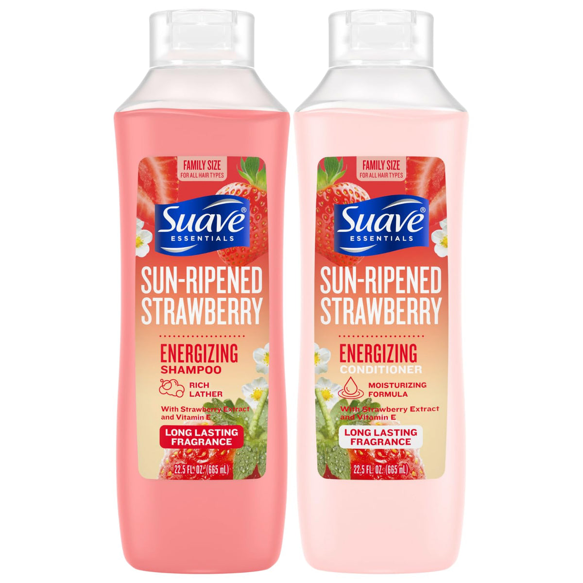 Suave Sun-Ripened Strawberry shampoo bottle showcases energizing cleanse and fruity fragrance.