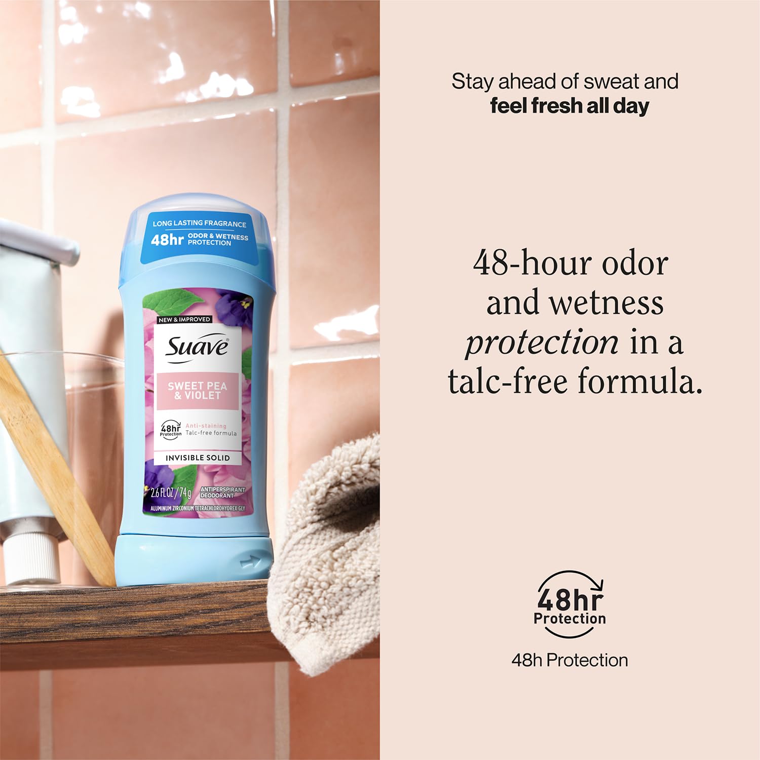 Stain-free formula from Suave Sweet Pea & Violet minimizes marks on clothes.