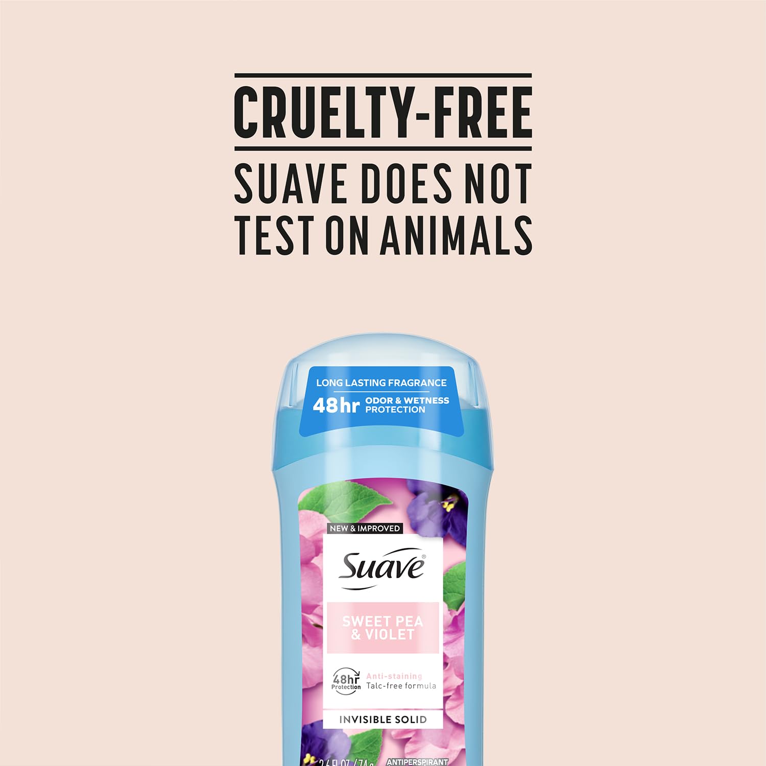 Talc-free formula of Suave Sweet Pea & Violet supports sensitive skin.