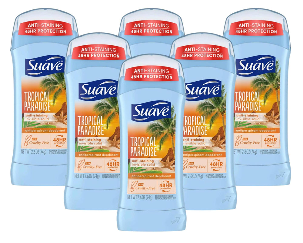 Suave Tropic Paradise Invisible Solid label highlights tropical fragrance notes.