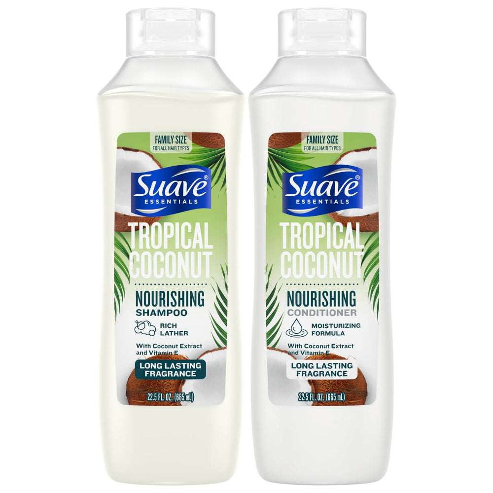 Suave Tropical Coconut Shampoo bottle pour conveys vibrant scent and hydrating formula.