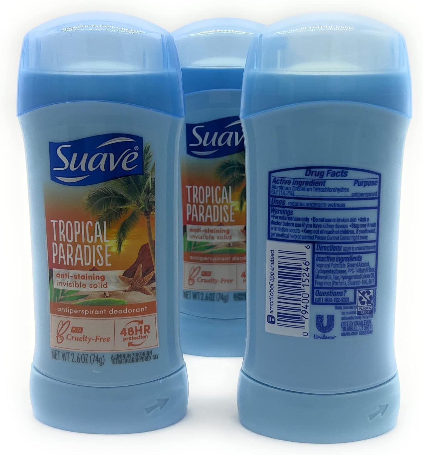 Suave Tropical Paradise invisible solid glide for quick drying.