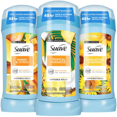 Suave Tropical Paradise deodorant stick showing invisible protection for skin and clothes.
