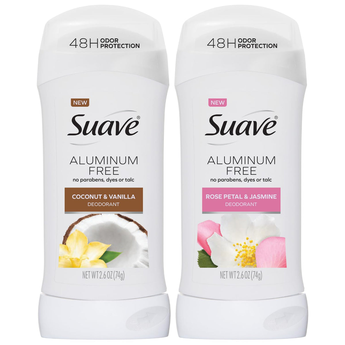 Suave two-pack aluminum-free deodorant set featuring coconut-vanilla and rose-petal-jasmine.