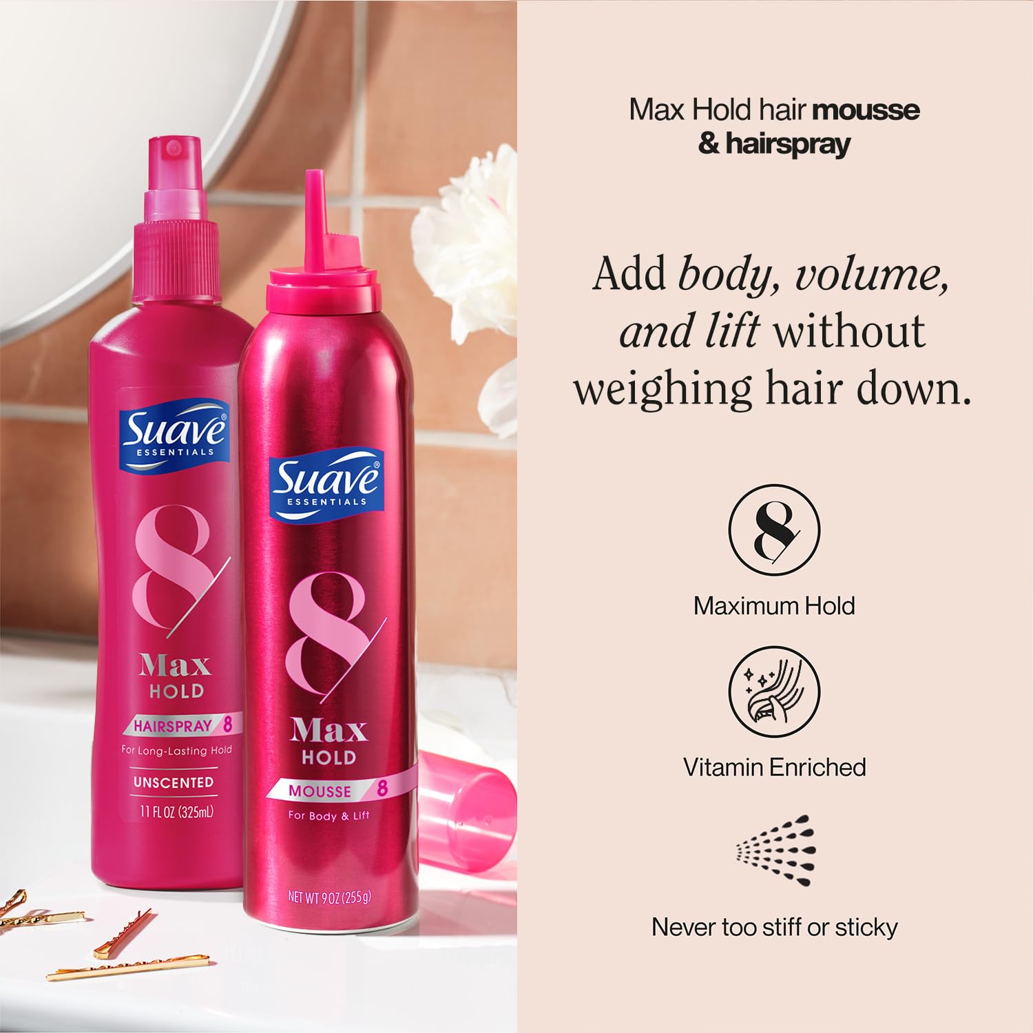Suave volumizing mousse 9oz can adds body and lift to hair.