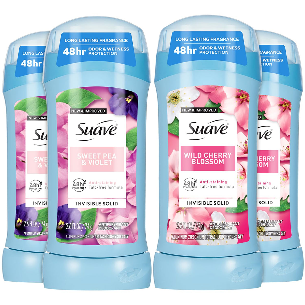 Suave Wild Cherry Blossom stick deodorant with invisible glide for daily wear.