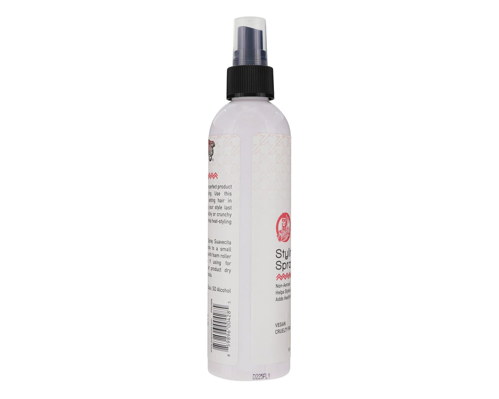 Medium shine finish from Suavecita styling spray adds a natural glow.