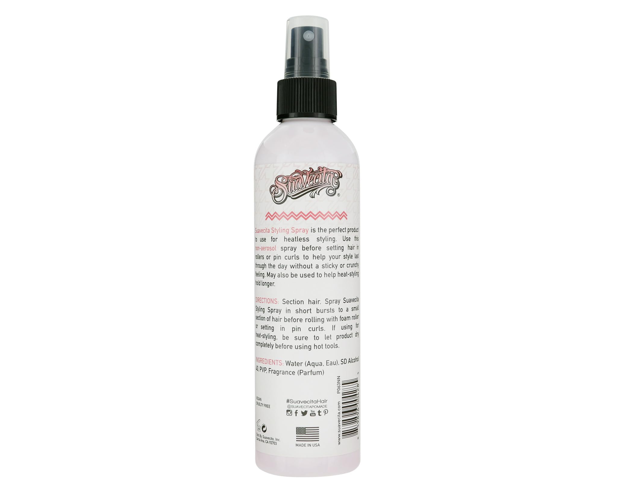 Close-up of pump dispense on Suavecita styling spray for precise application.