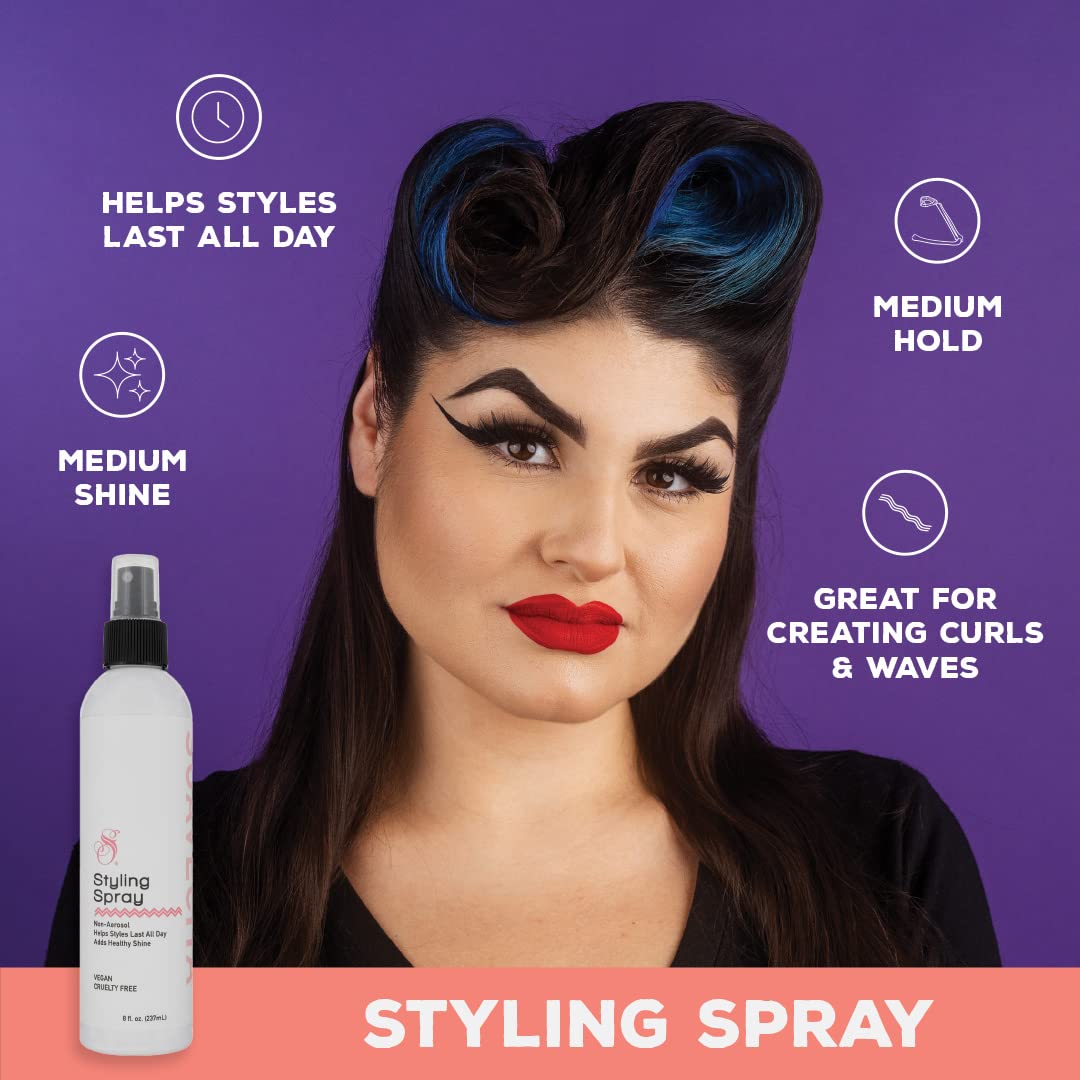 Vegan and cruelty-free branding on Suavecita styling spray packaging.