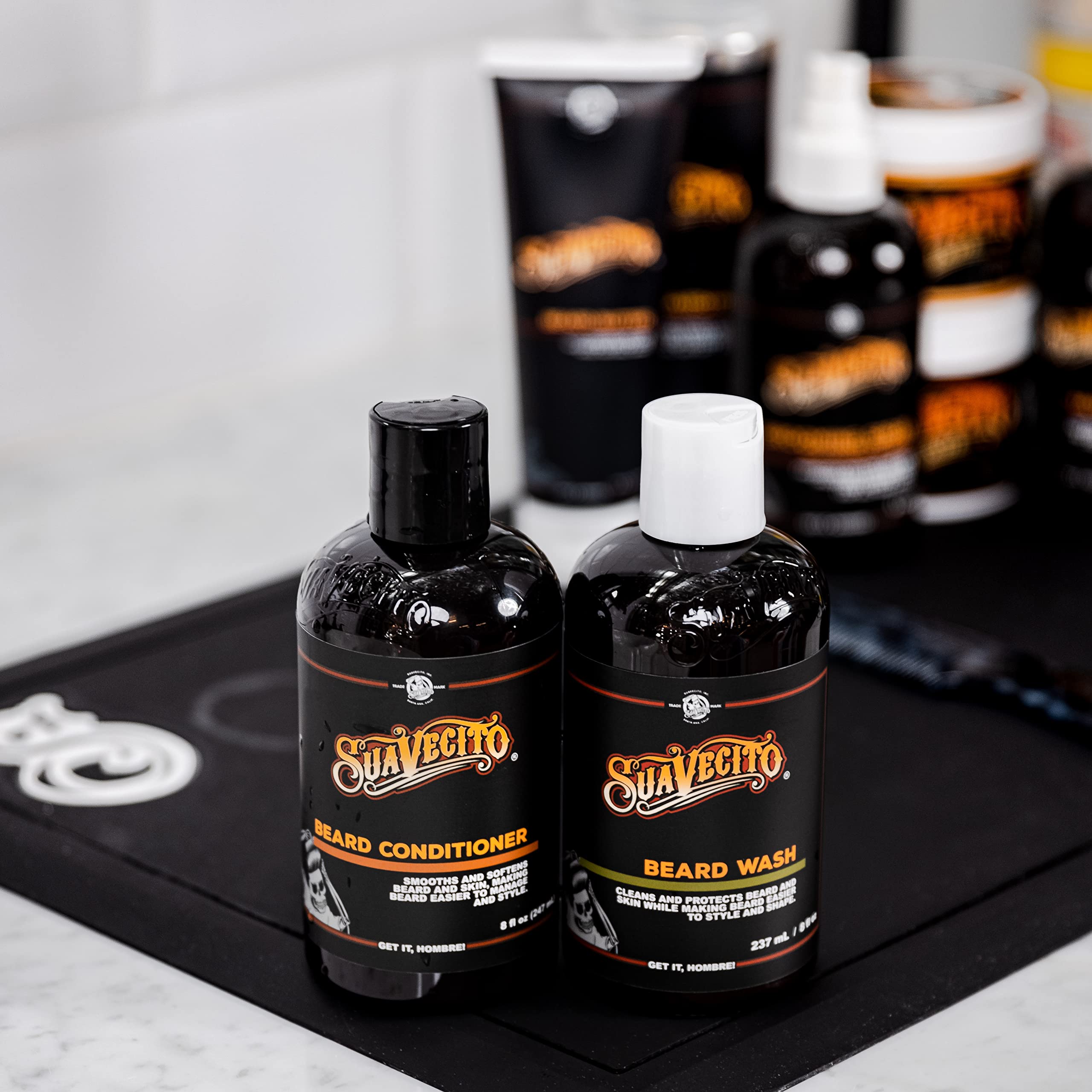Suavecito Beard Conditioner bottle highlights nourishing formula for softer skin.