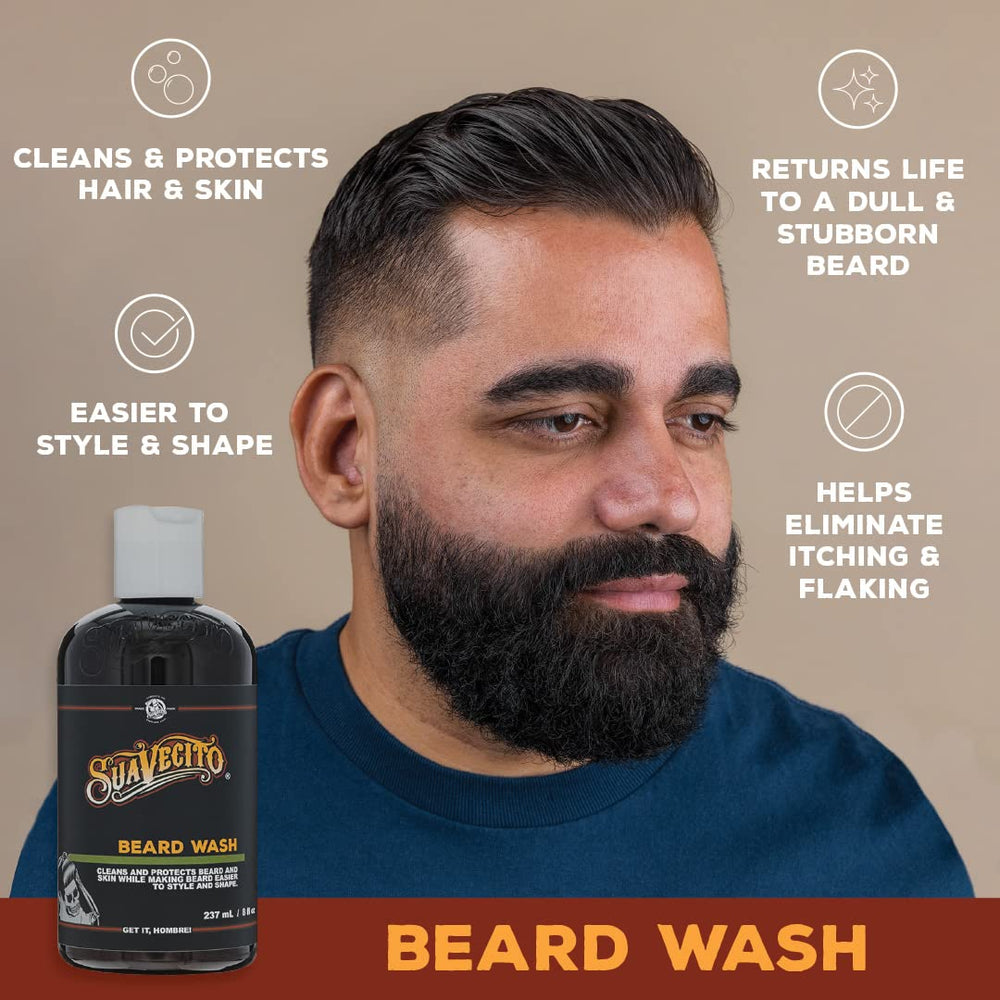 Suavecito Beard Wash Set bottles on a clean surface signaling refreshed beard.