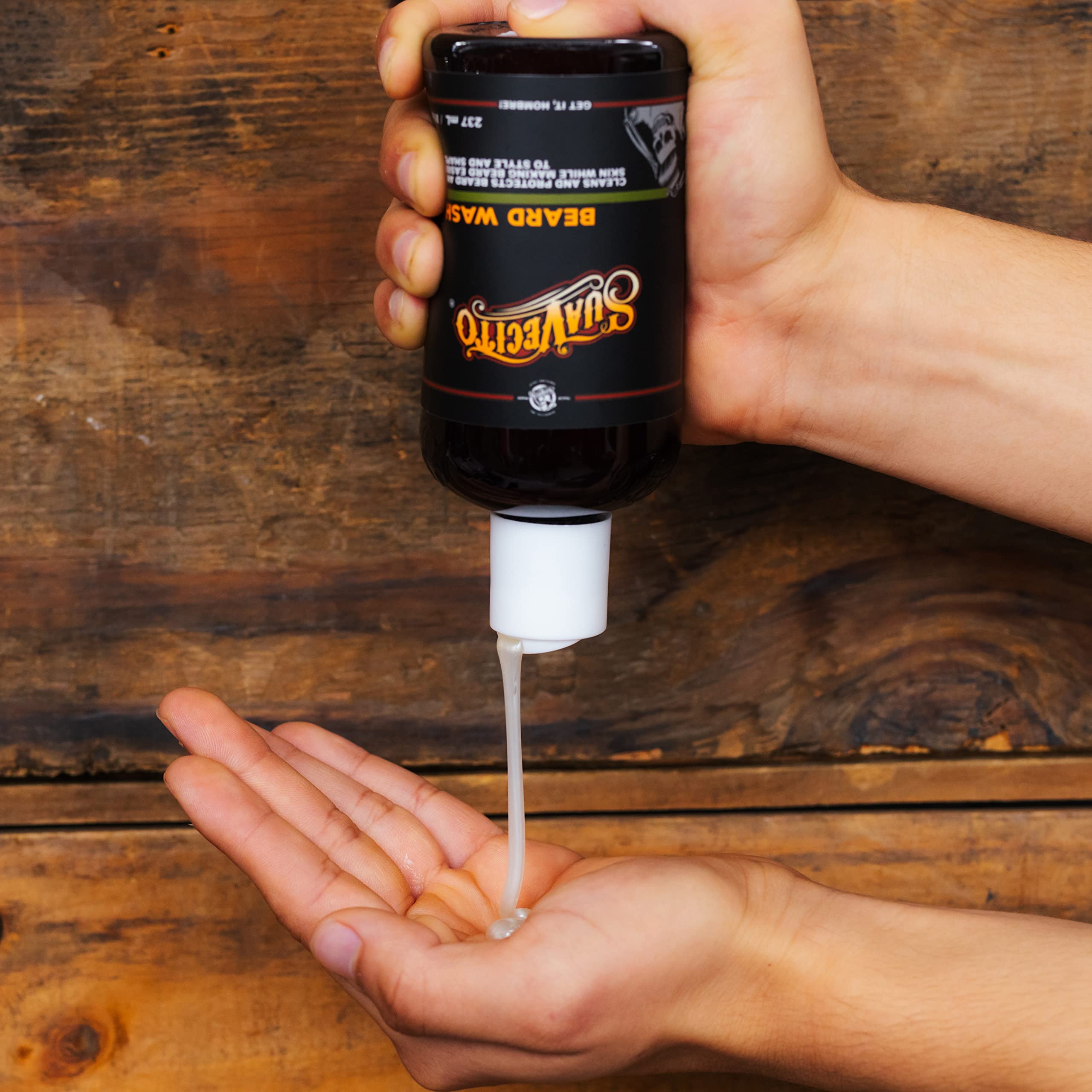 Suavecito Beard Wash Set pump close-up shows easy application.