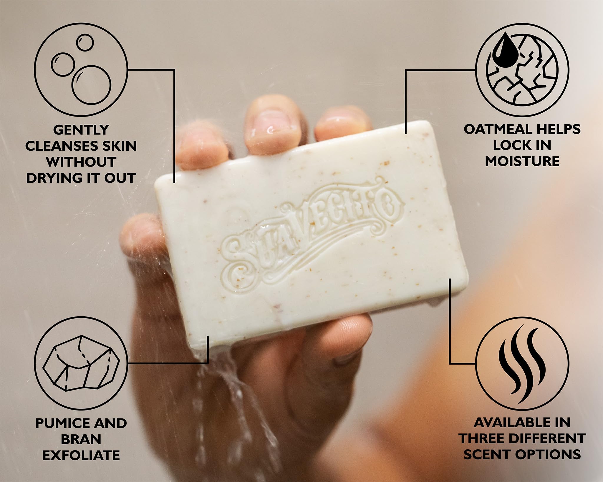 Suavecito exfoliation helps soften elbows and heels during routine cleansing.