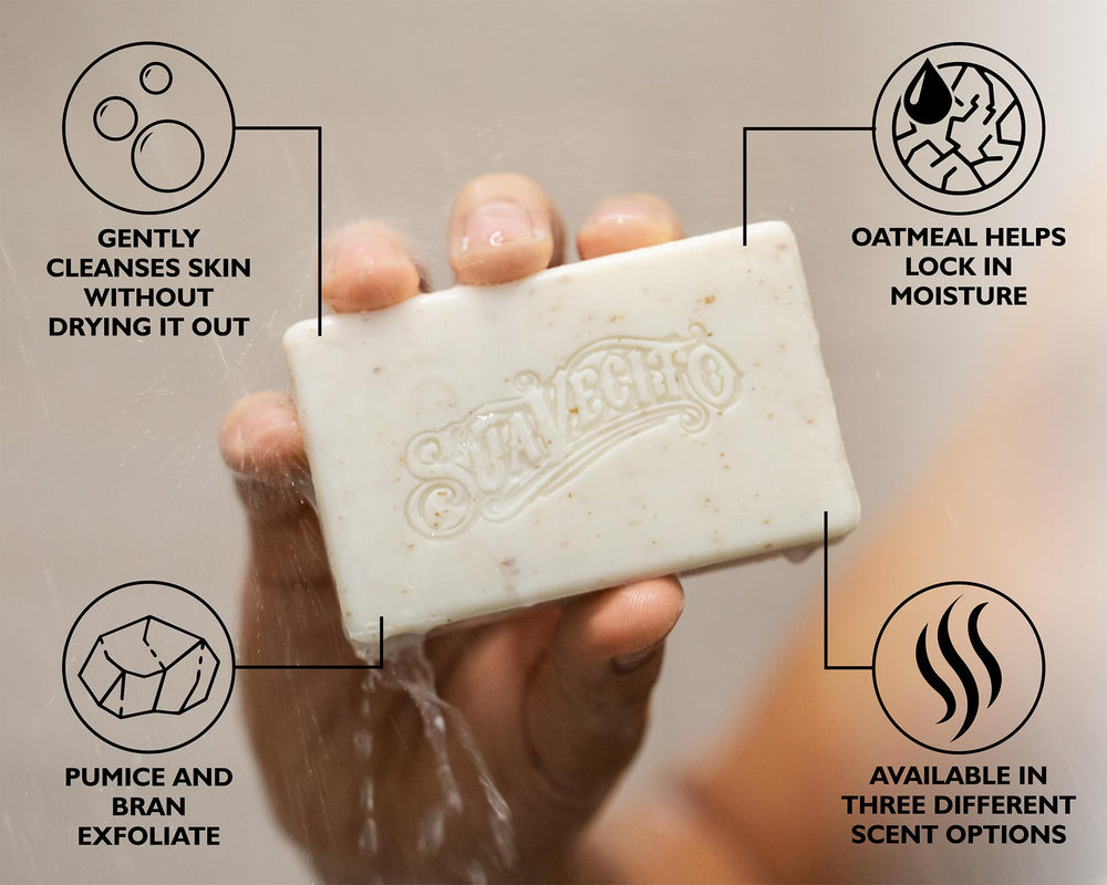 Suavecito exfoliation helps soften elbows and heels during routine cleansing.