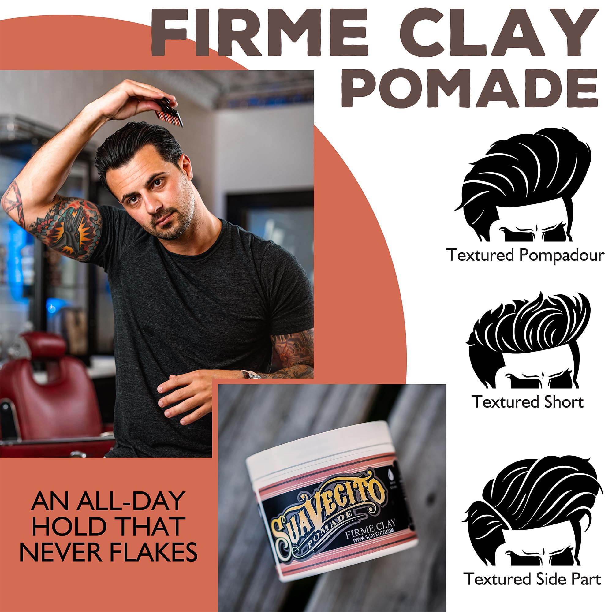 Matte finish achieved with Suavecito Firme Clay for natural hold.