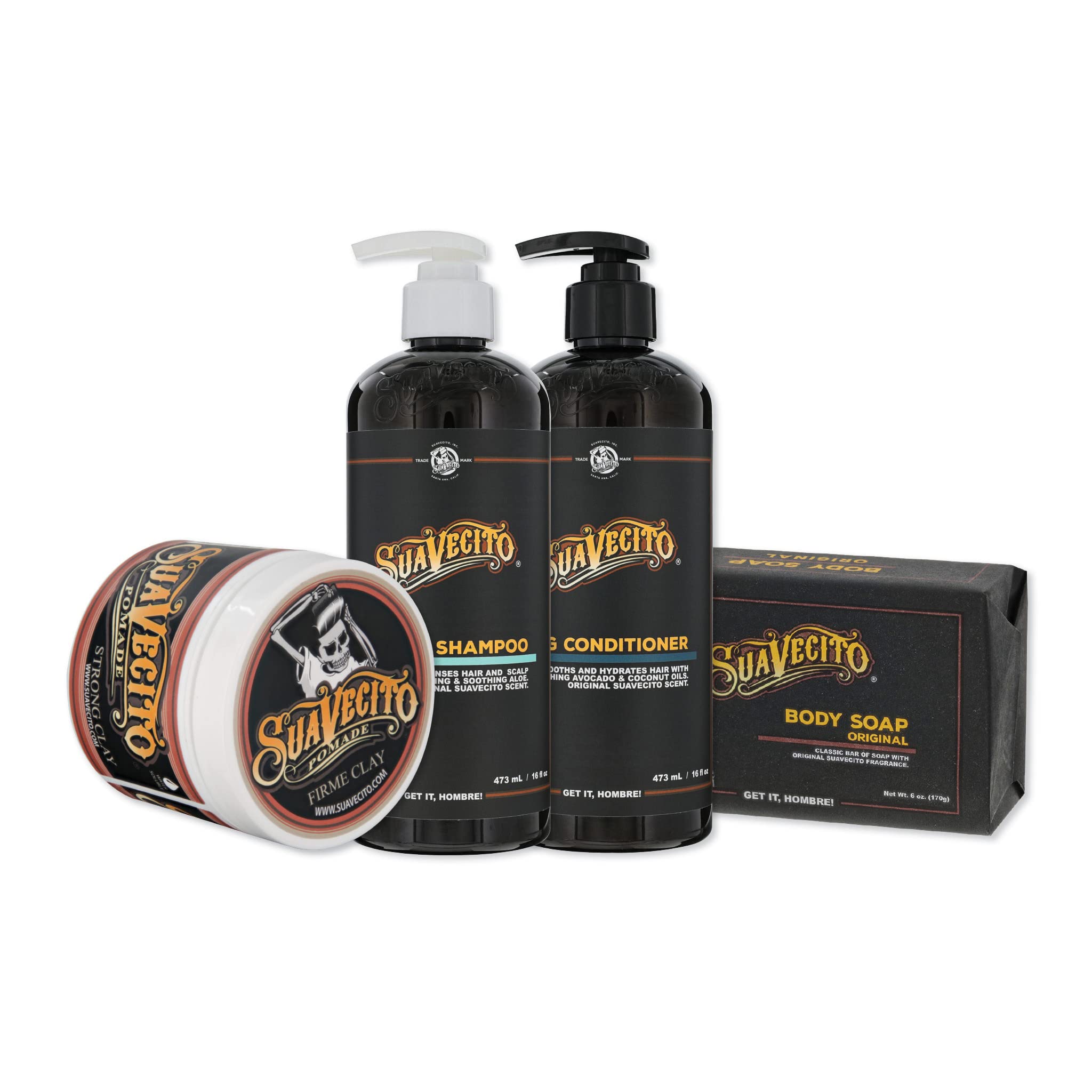 Suavecito Firme Clay pomade jar showing strong, flexible hold for defined styles.