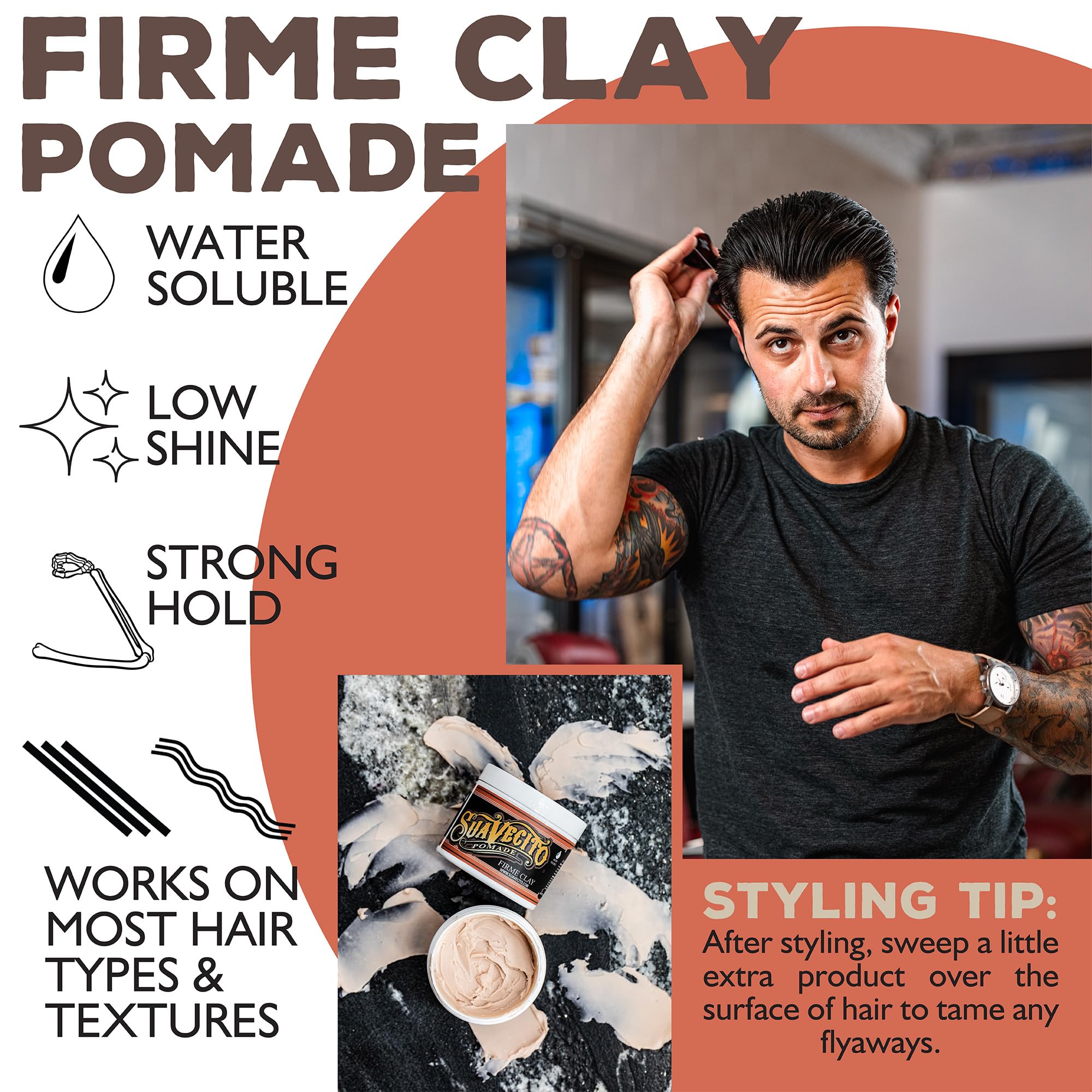 Hair styling with Suavecito Firme Clay—precision sculpting and texture.