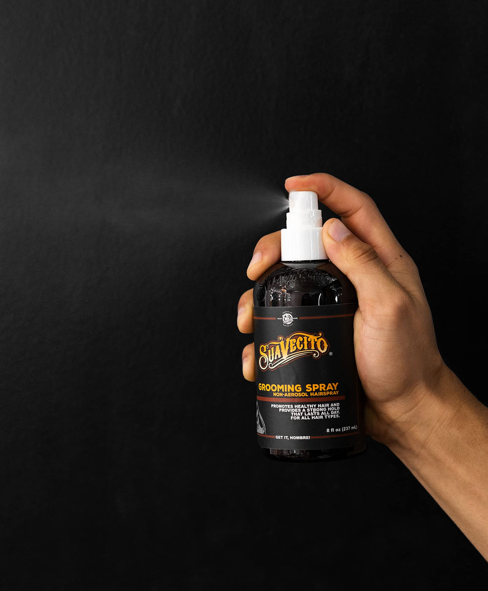Suavecito grooming spray carries classic barber scent enhancing routine.