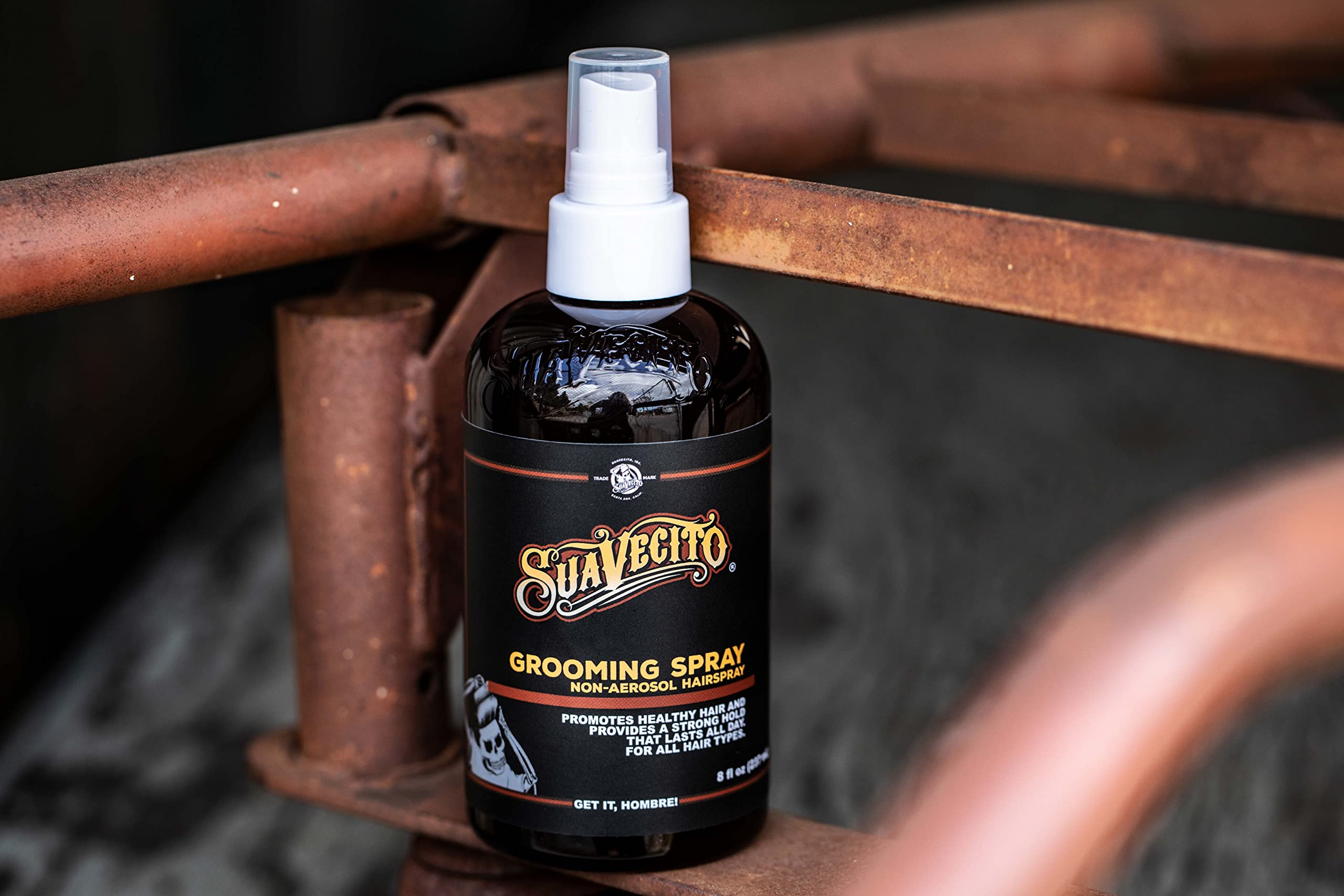 Suavecito grooming spray adds healthy shine without flaking.
