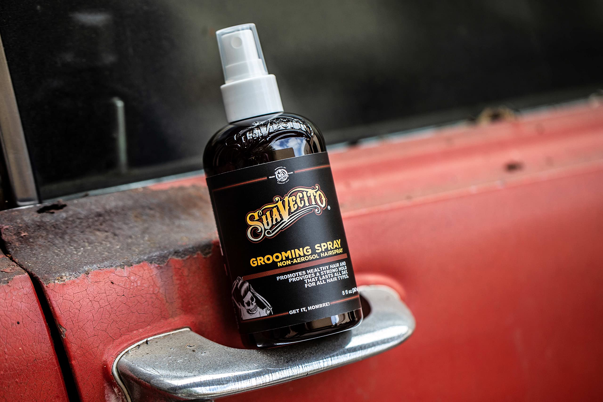 Suavecito grooming spray light-hold look for looser styles.