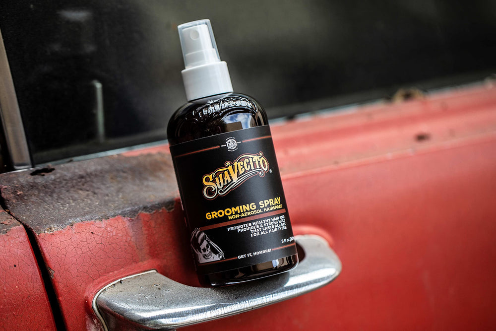 Suavecito grooming spray light-hold look for looser styles.