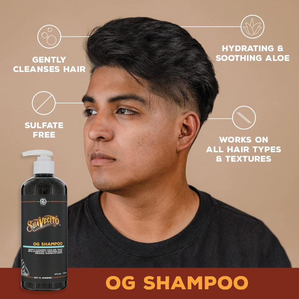 Suavecito hydrating shampoo bottle providing a refreshing scalp cleanse.