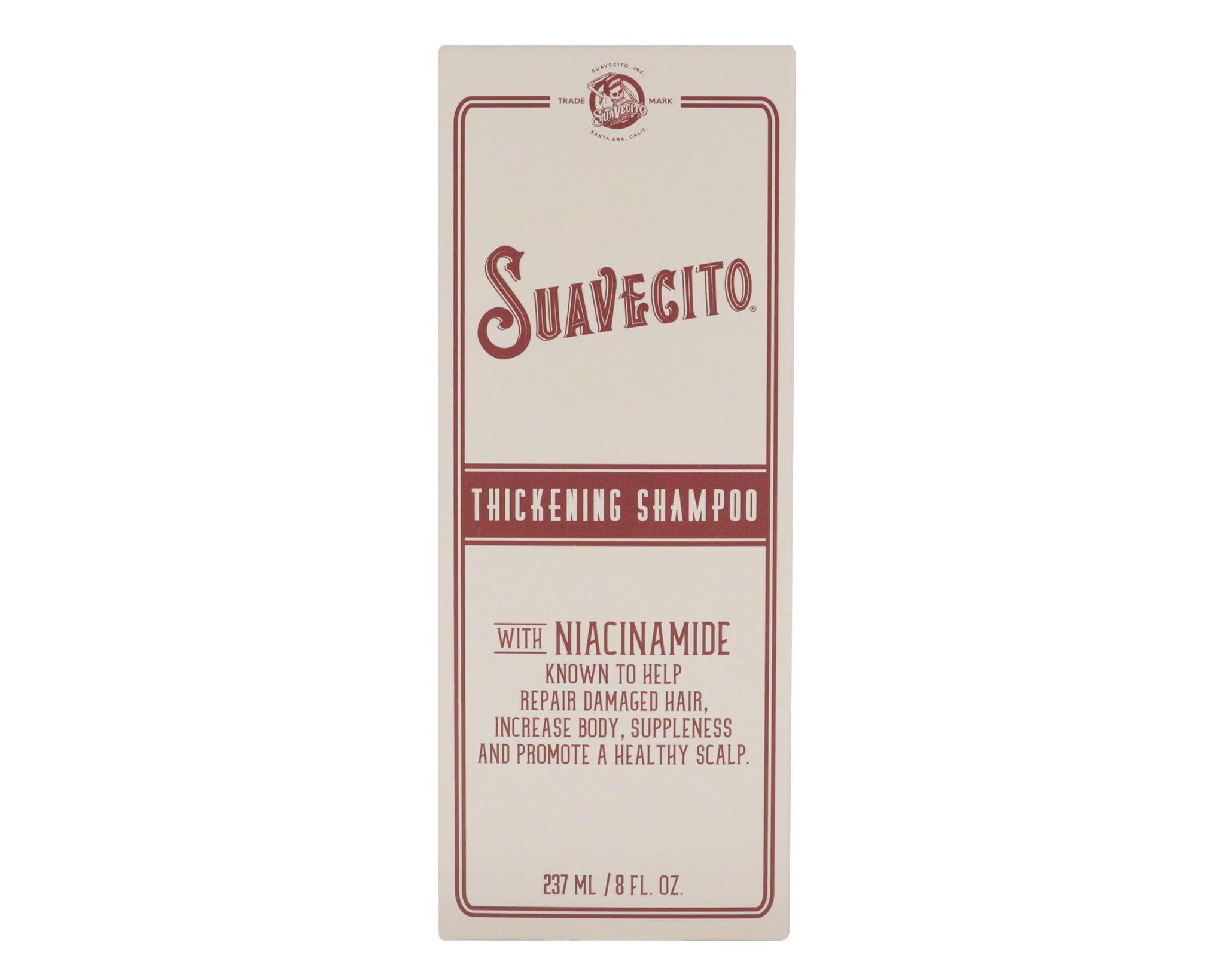 Suavecito ingredients panel shows niacinamide and rosemary for hair health.