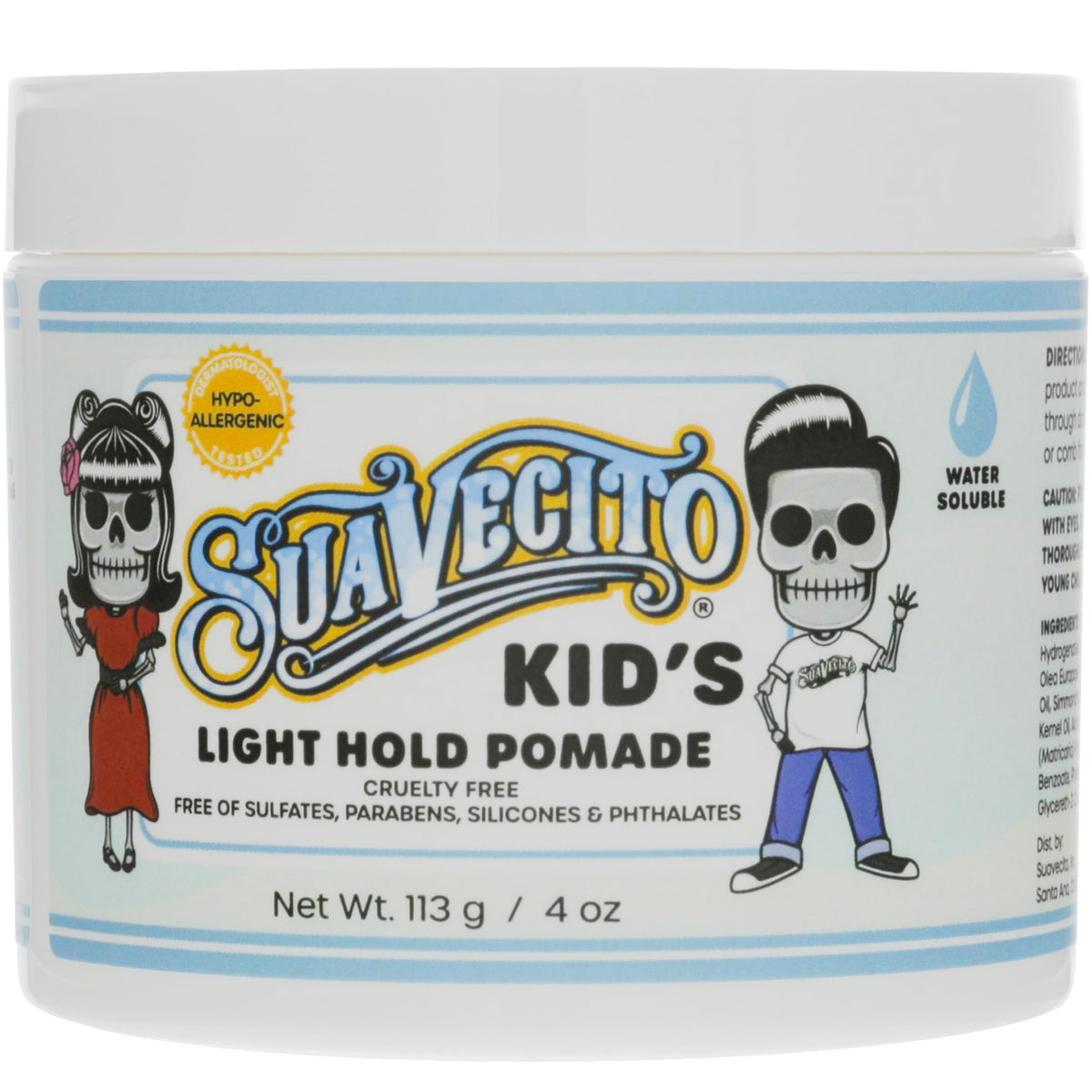 Suavecito Kid’s Pomade bottle pour with calming chamomile scent for gentle styling.