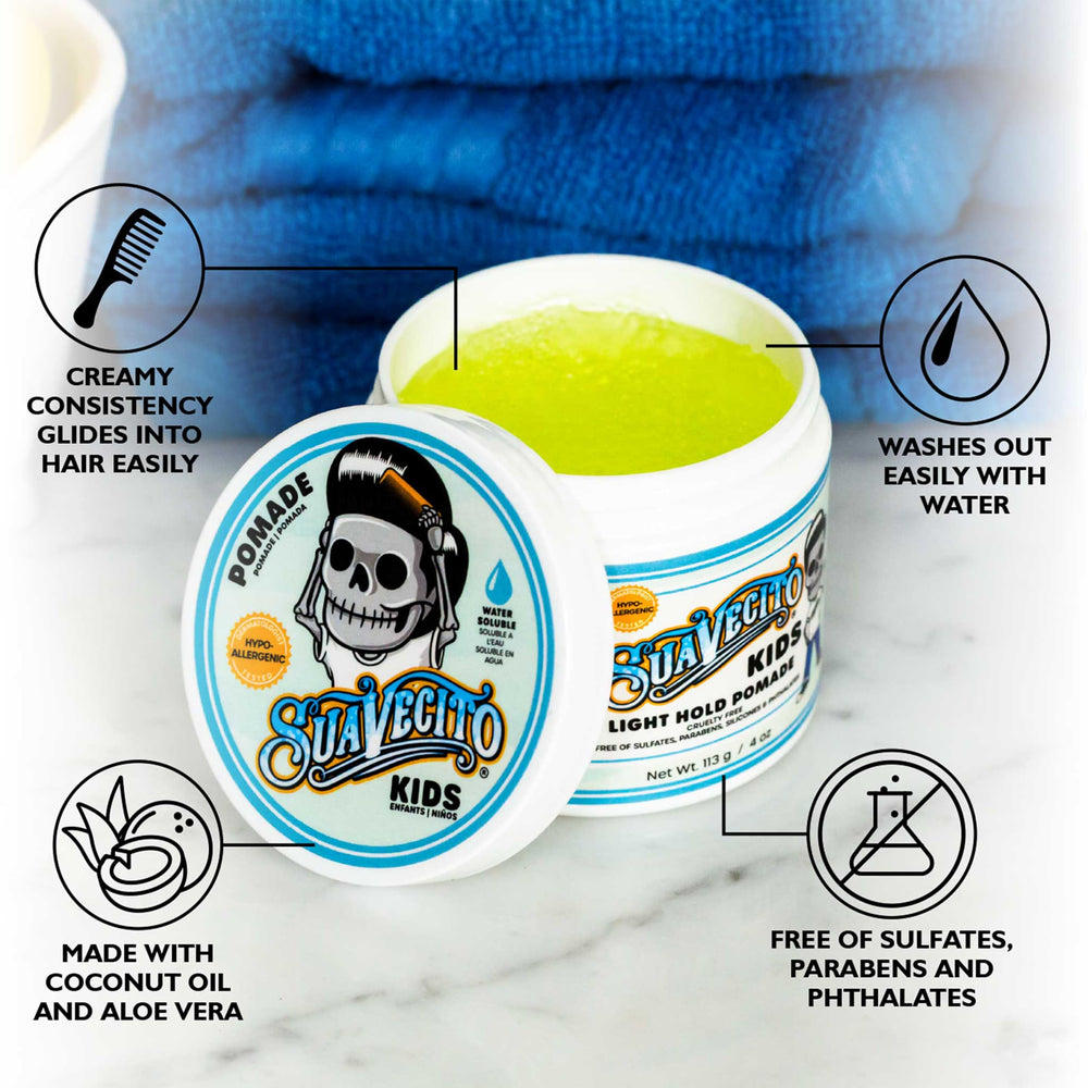 Suavecito Kid’s Pomade label close-up shows dermatologist-tested formula.