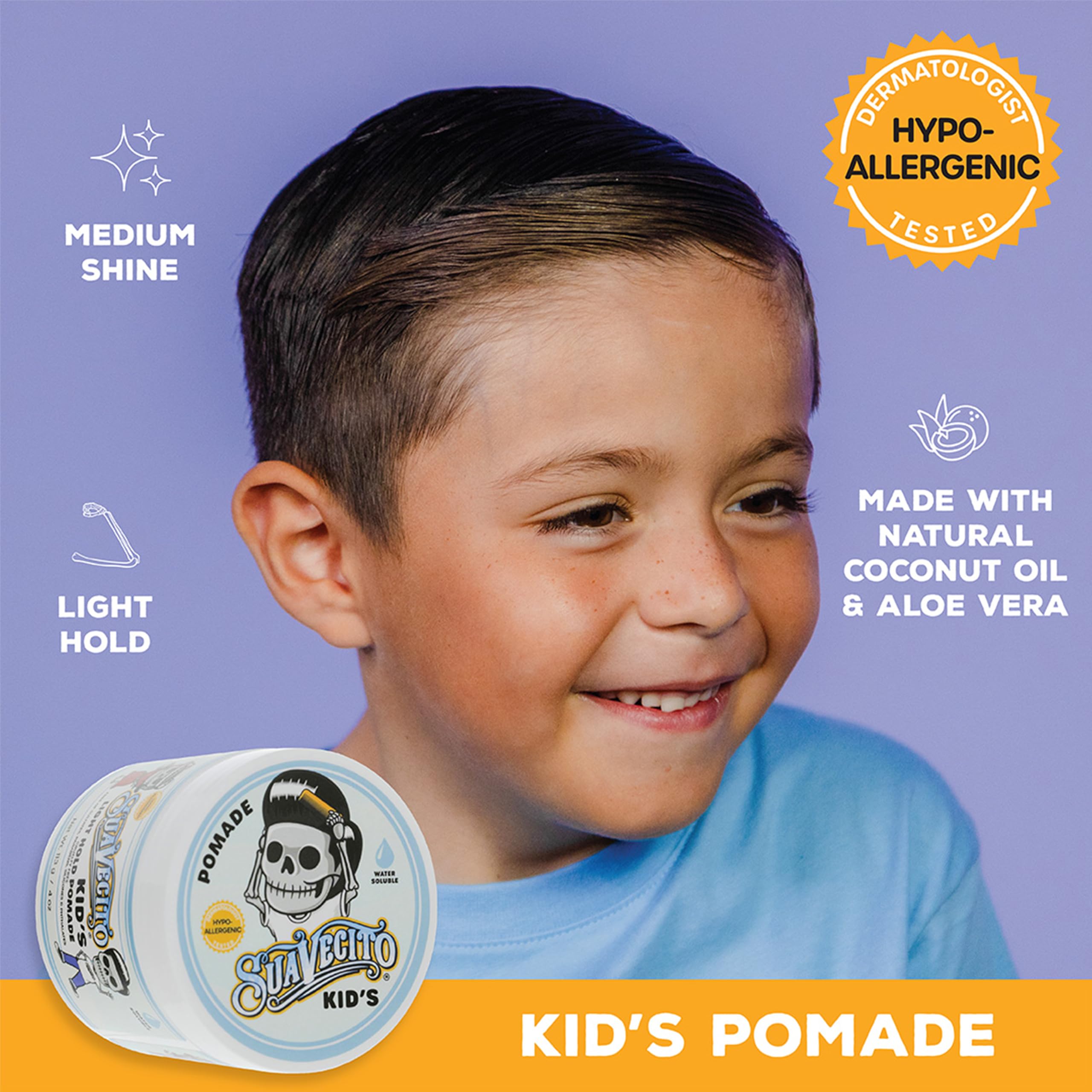 Suavecito Kid’s Pomade water-based, flake-free formula.