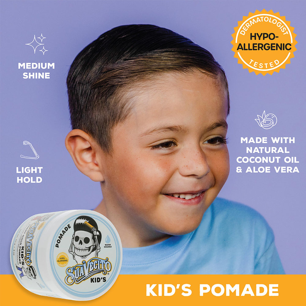 Suavecito Kid’s Pomade water-based, flake-free formula.