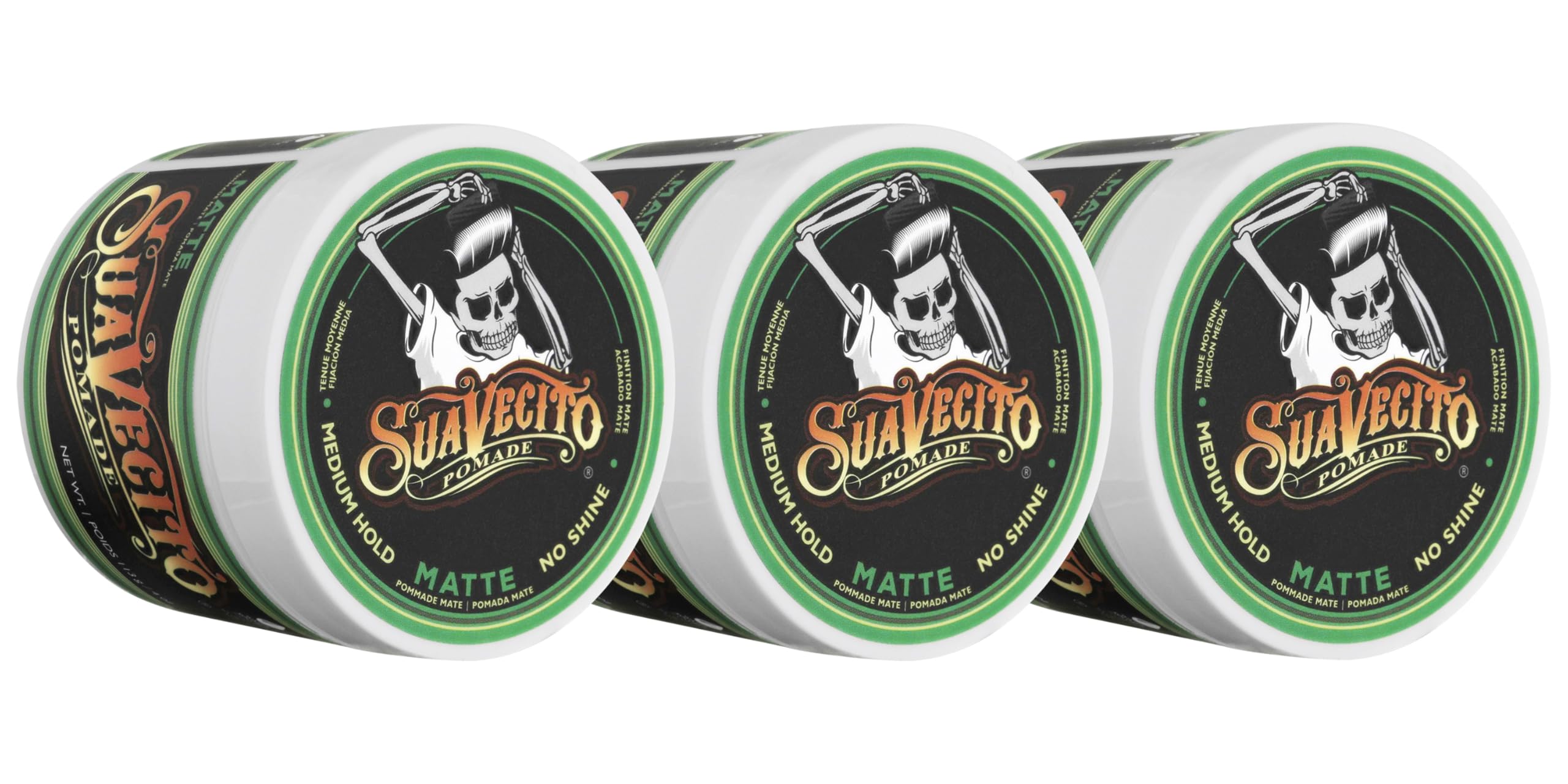 Suavecito Matte Pomade bottle with no-shine finish for versatile daily styles.