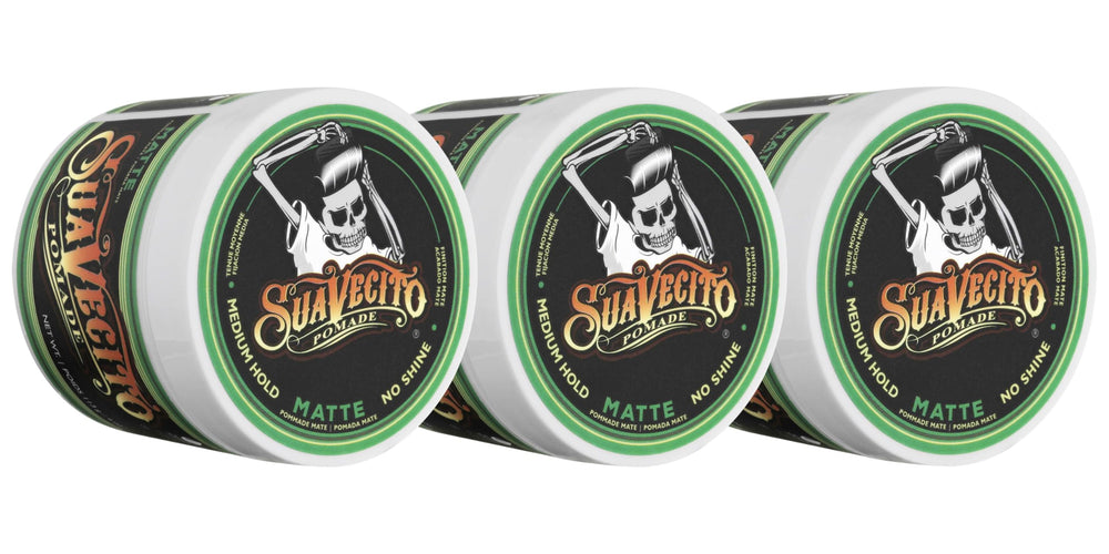 Suavecito Matte Pomade bottle with no-shine finish for versatile daily styles.